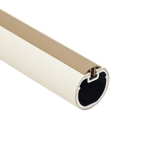 A section of a round leather closet rod with an anodized aluminum core and white color vegan leather coating, featuring a plastic cap.